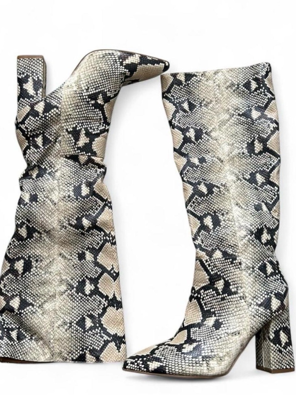 Python-Pattern Knee High Boots - Black & Tan